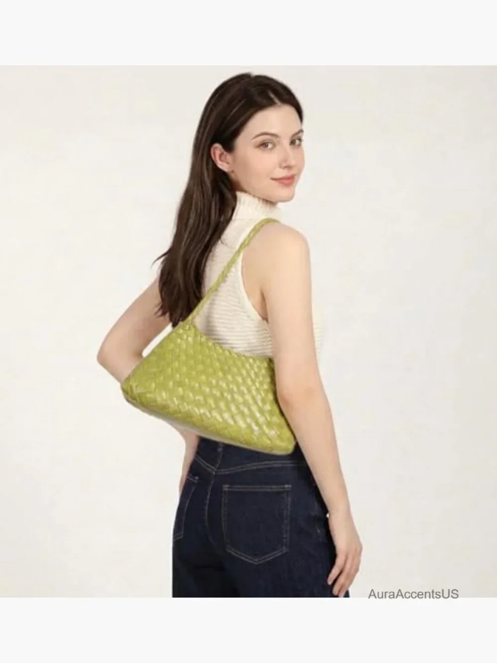 Woven Hobo Bag - Vegan Leather Shoulder Tote Purse Slouchy Bucket Handbag